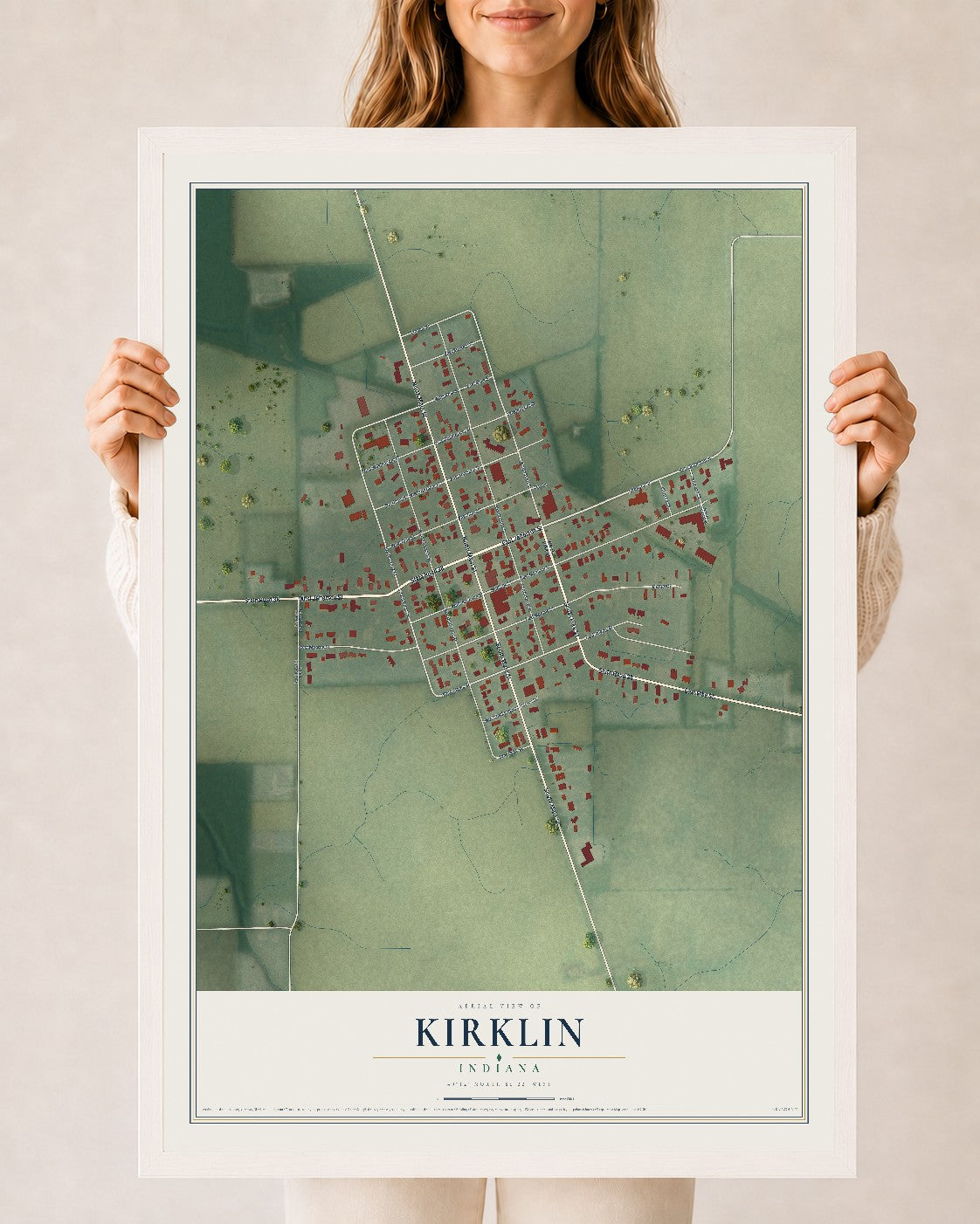 Map of Kirklin, Indiana, 24 x 36 inch print in a white wood frame