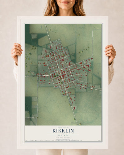 Map of Kirklin, Indiana, 24 x 36 inch print in a white wood frame