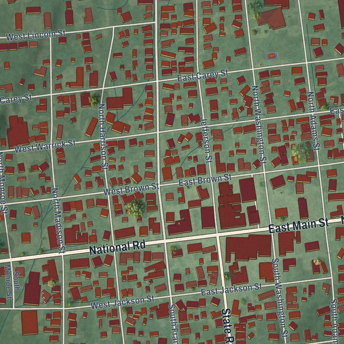Close-up of the map of Knightstown, Indiana print showing street and building detail