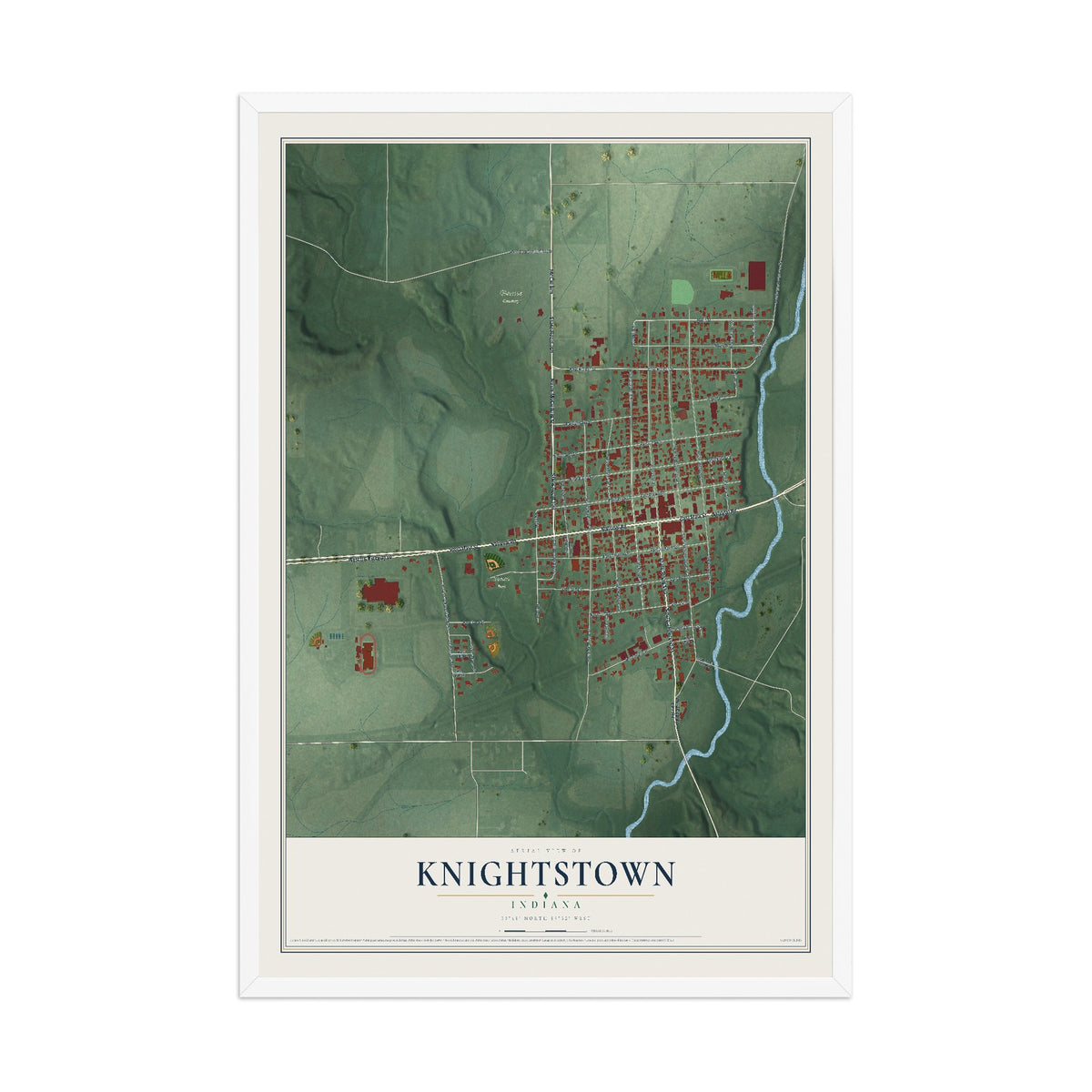 Map of Knightstown, Indiana, 12 x 18 inch print in a white wood frame
