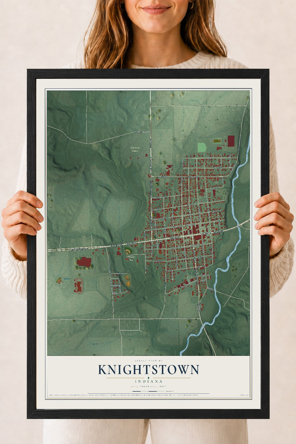 Map of Knightstown, Indiana, 18 x 24 inch print in a black wood frame
