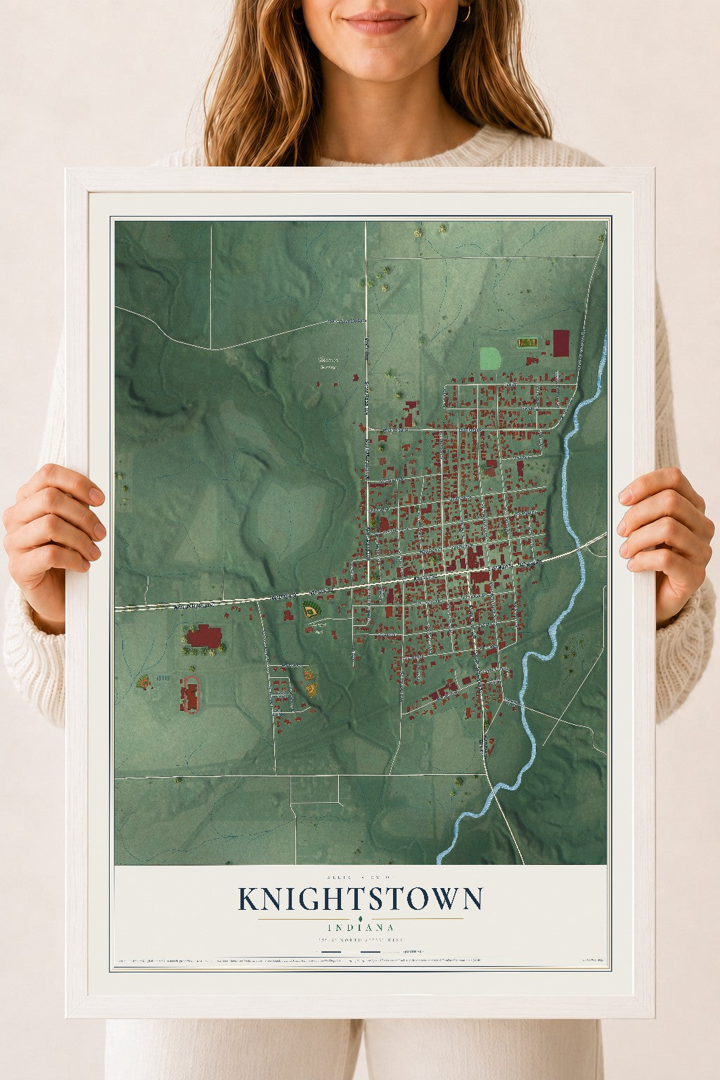 Map of Knightstown, Indiana, 18 x 24 inch print in a white wood frame