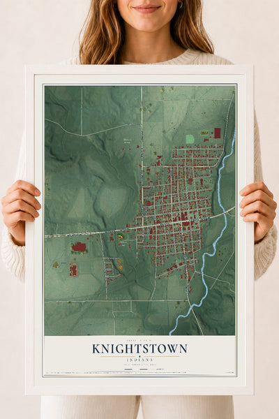 Map of Knightstown, Indiana, 18 x 24 inch print in a white wood frame
