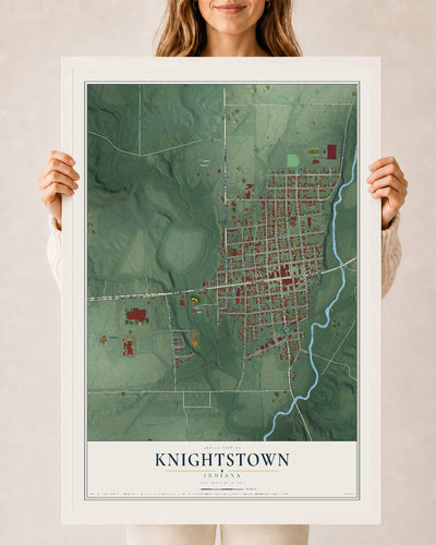Map of Knightstown, Indiana, 24 x 36 inch print in a white wood frame