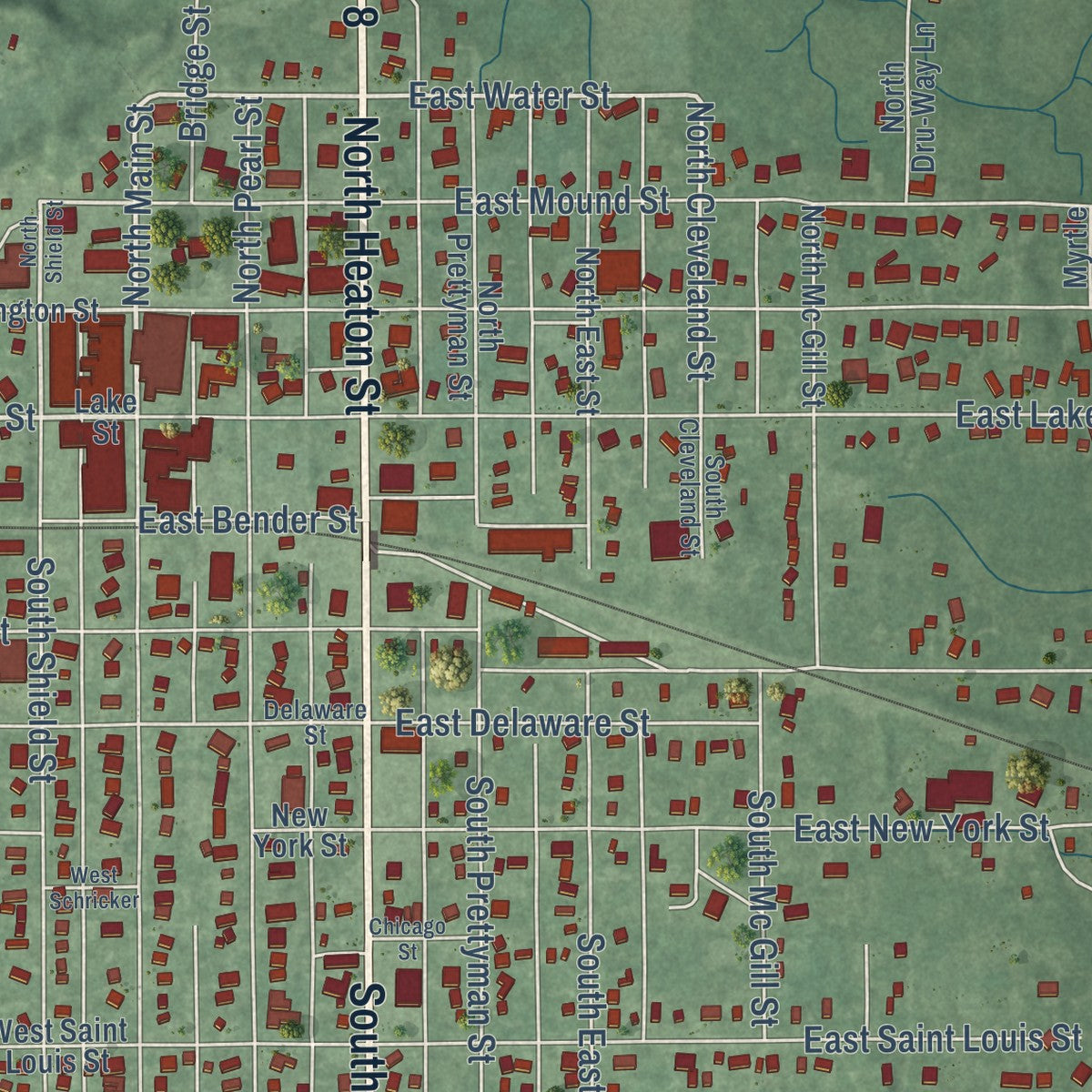 Close-up of the map of Knox, Indiana print showing street and building detail
