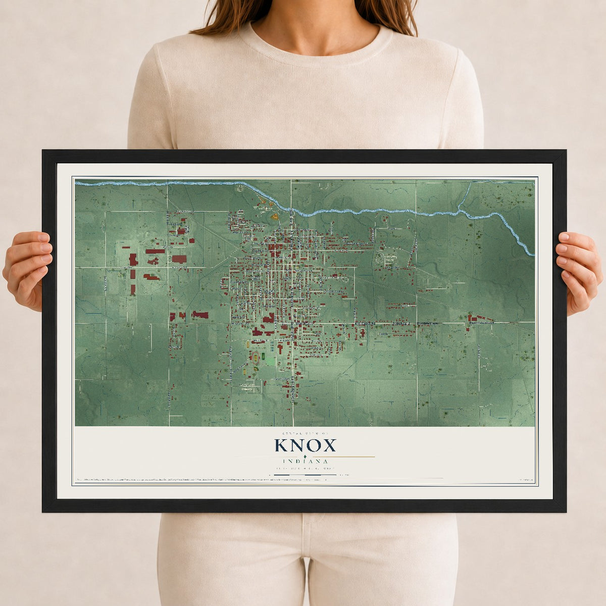 Map of Knox, Indiana, 12 x 18 inch print in a black wood frame