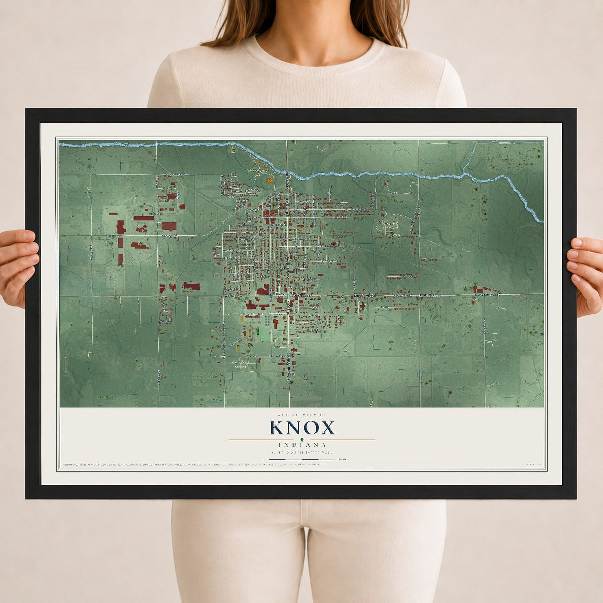 Map of Knox, Indiana, 18 x 24 inch print in a black wood frame