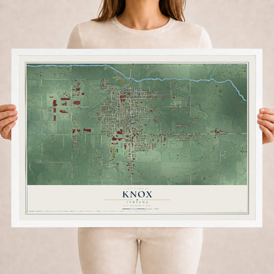 Map of Knox, Indiana, 18 x 24 inch print in a white wood frame