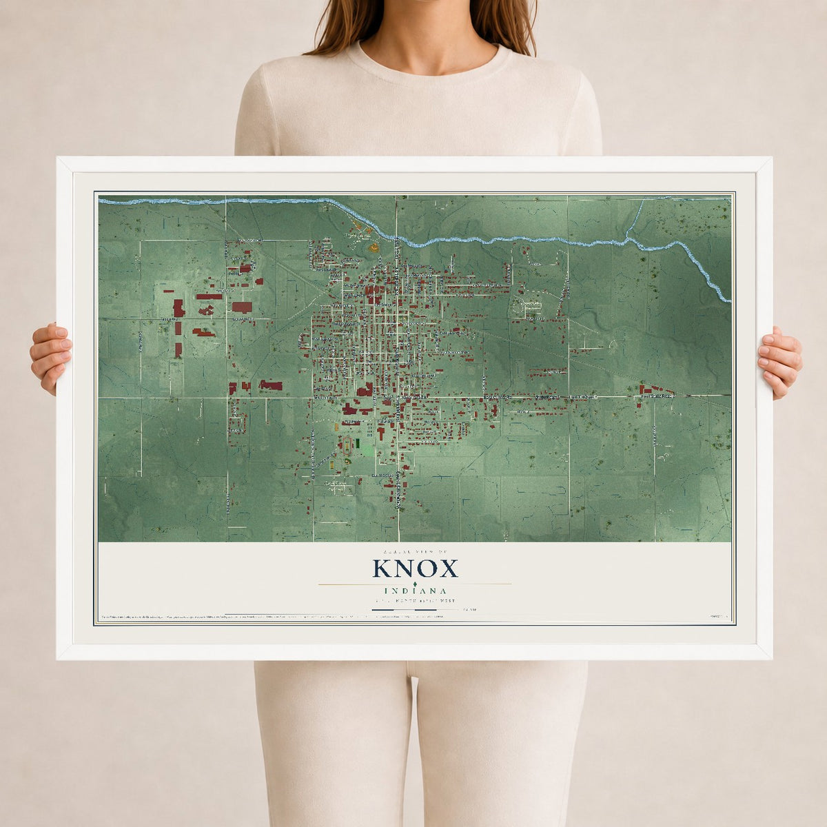 Map of Knox, Indiana, 24 x 36 inch print in a white wood frame