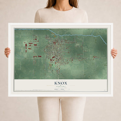 Map of Knox, Indiana, 24 x 36 inch print in a white wood frame