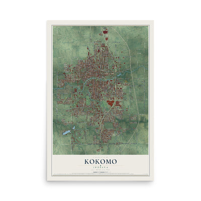 Map of Kokomo, Indiana, 12 x 18 inch unframed archival matte print