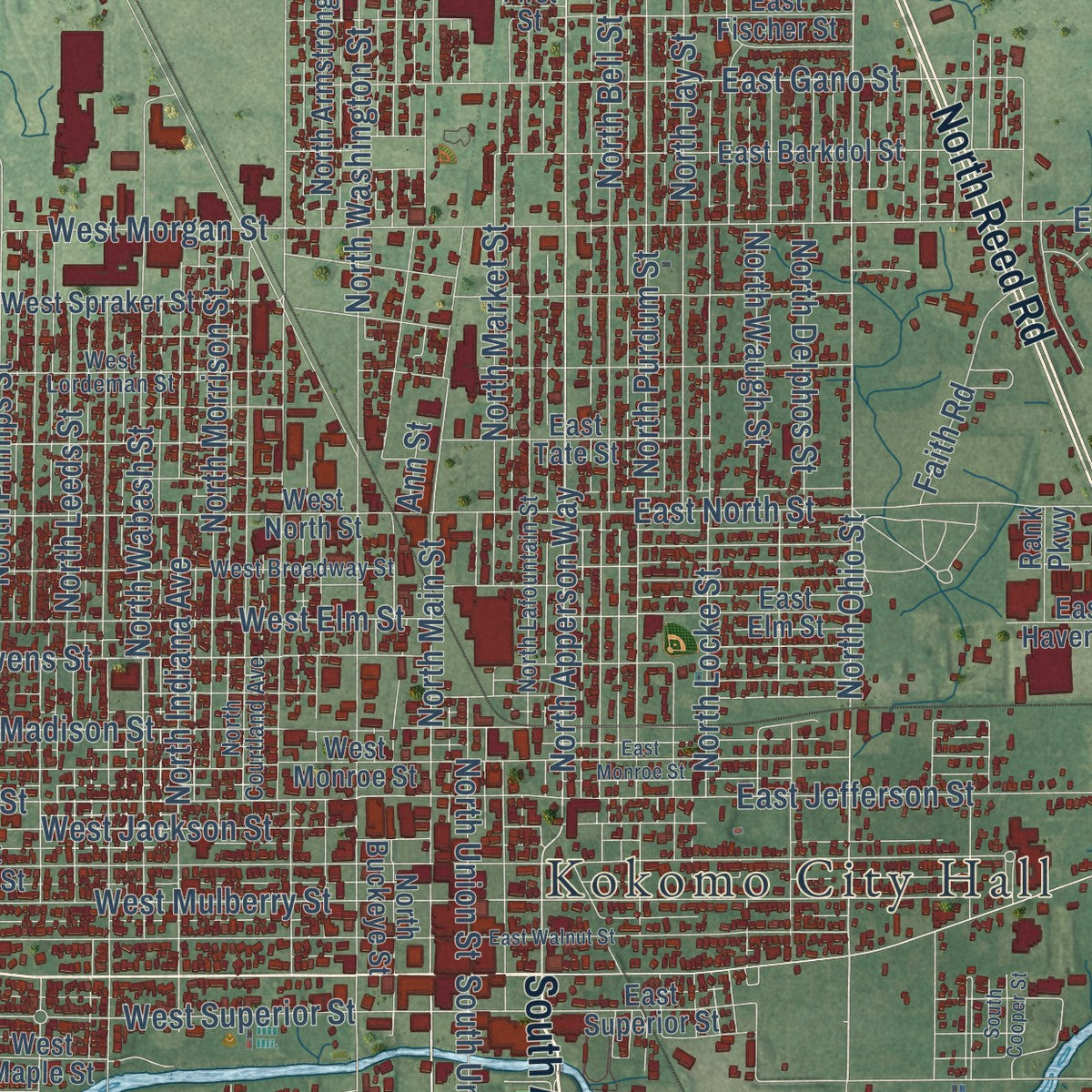 Close-up of the map of Kokomo, Indiana print showing street and building detail