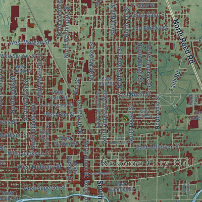 Close-up of the map of Kokomo, Indiana print showing street and building detail
