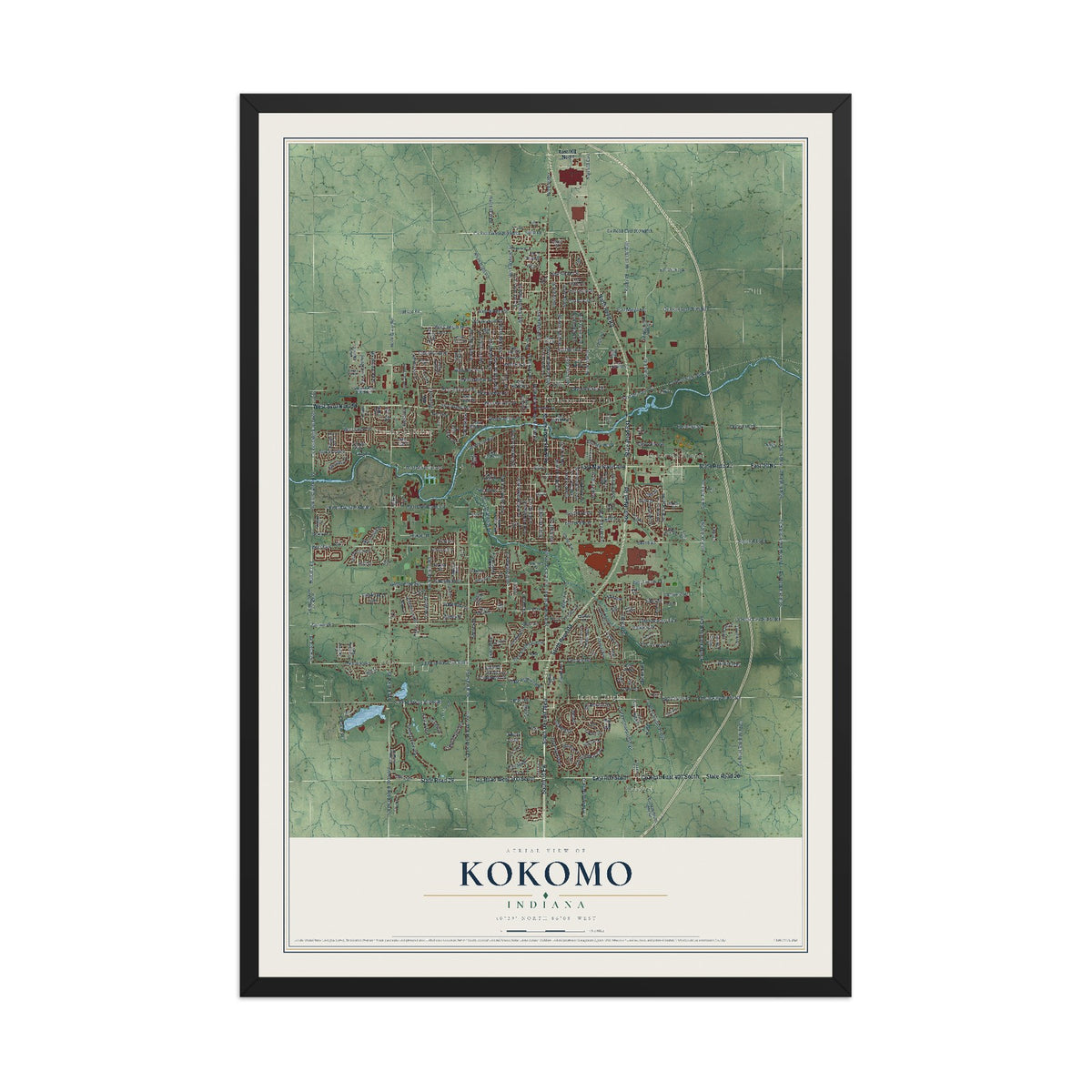 Map of Kokomo, Indiana, 12 x 18 inch print in a black wood frame