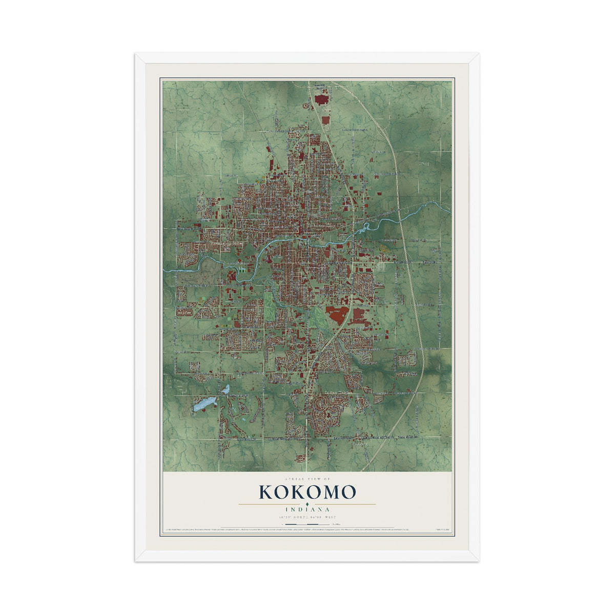 Map of Kokomo, Indiana, 12 x 18 inch print in a white wood frame