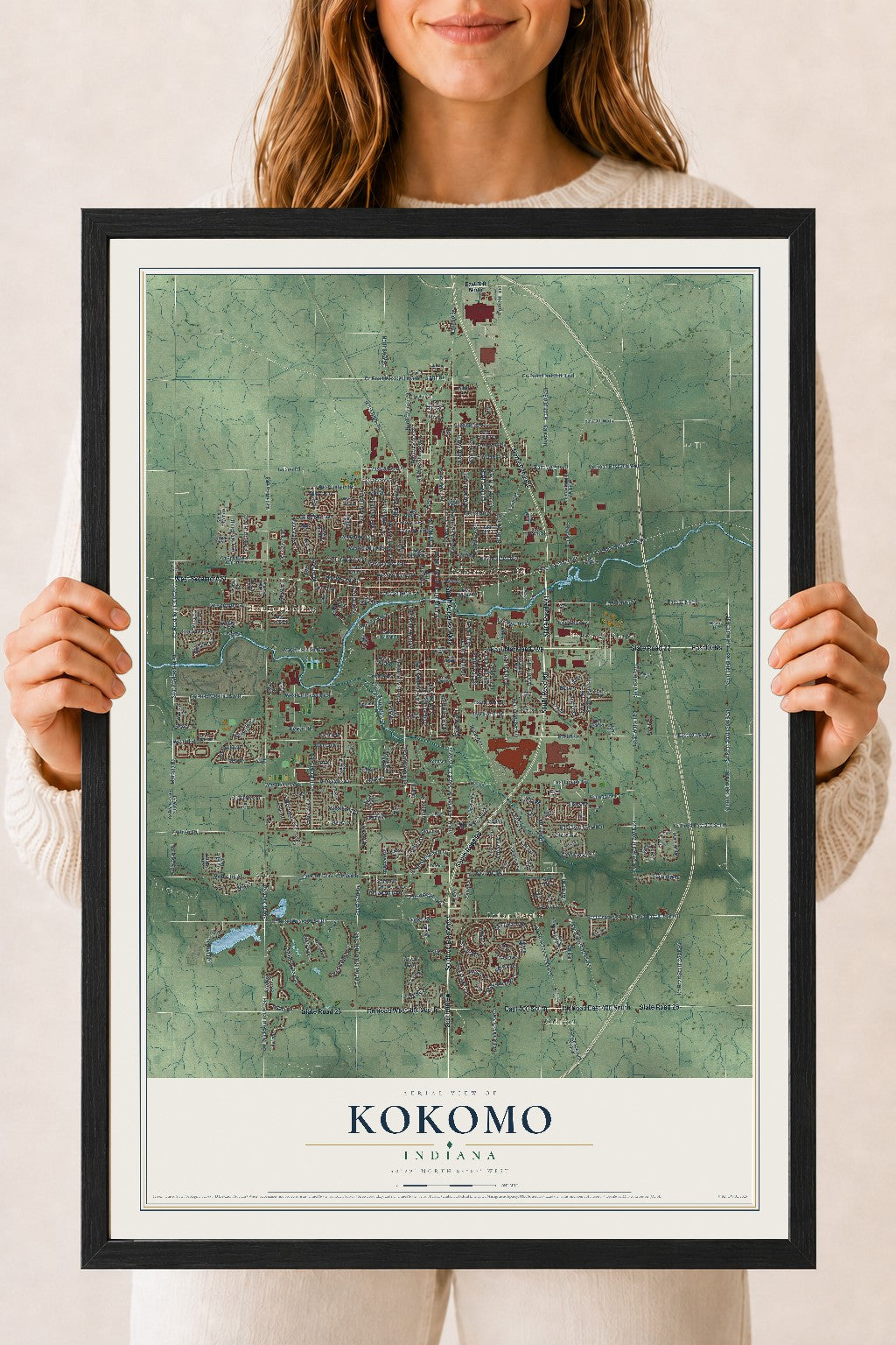 Map of Kokomo, Indiana, 18 x 24 inch print in a black wood frame