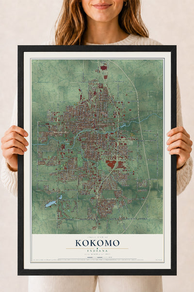 Map of Kokomo, Indiana, 18 x 24 inch print in a black wood frame
