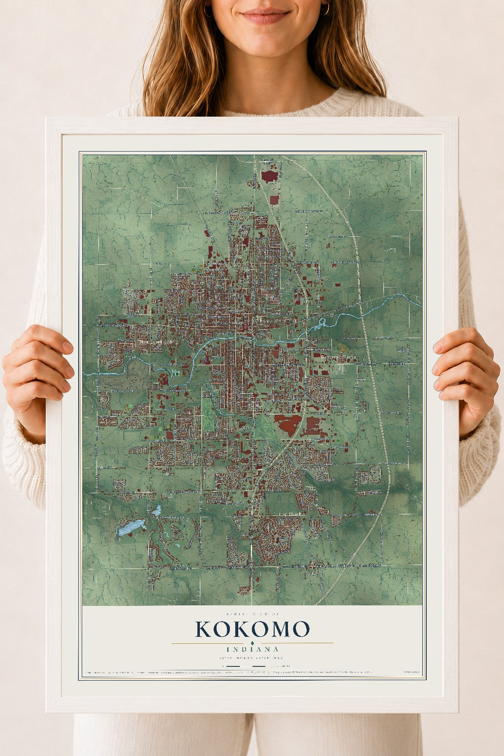 Map of Kokomo, Indiana, 18 x 24 inch print in a white wood frame