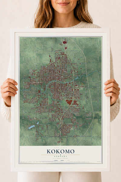 Map of Kokomo, Indiana, 18 x 24 inch print in a white wood frame