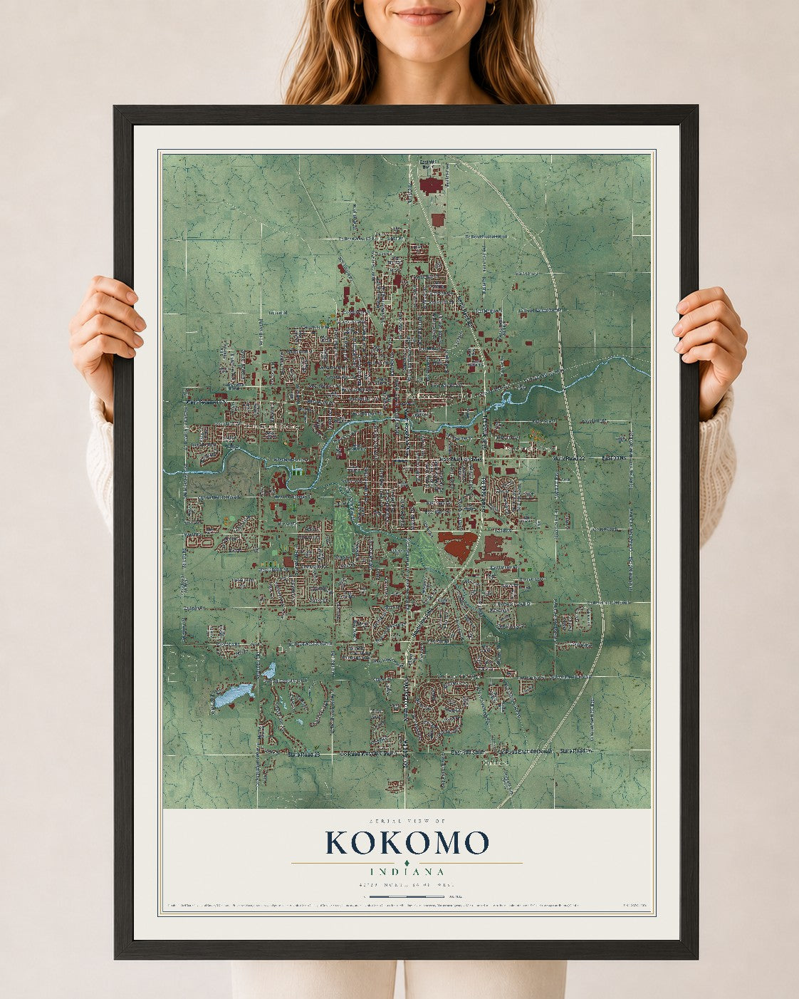 Map of Kokomo, Indiana, 24 x 36 inch print in a black wood frame