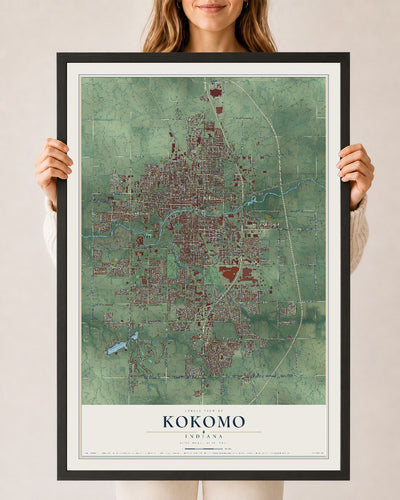 Map of Kokomo, Indiana, 24 x 36 inch print in a black wood frame