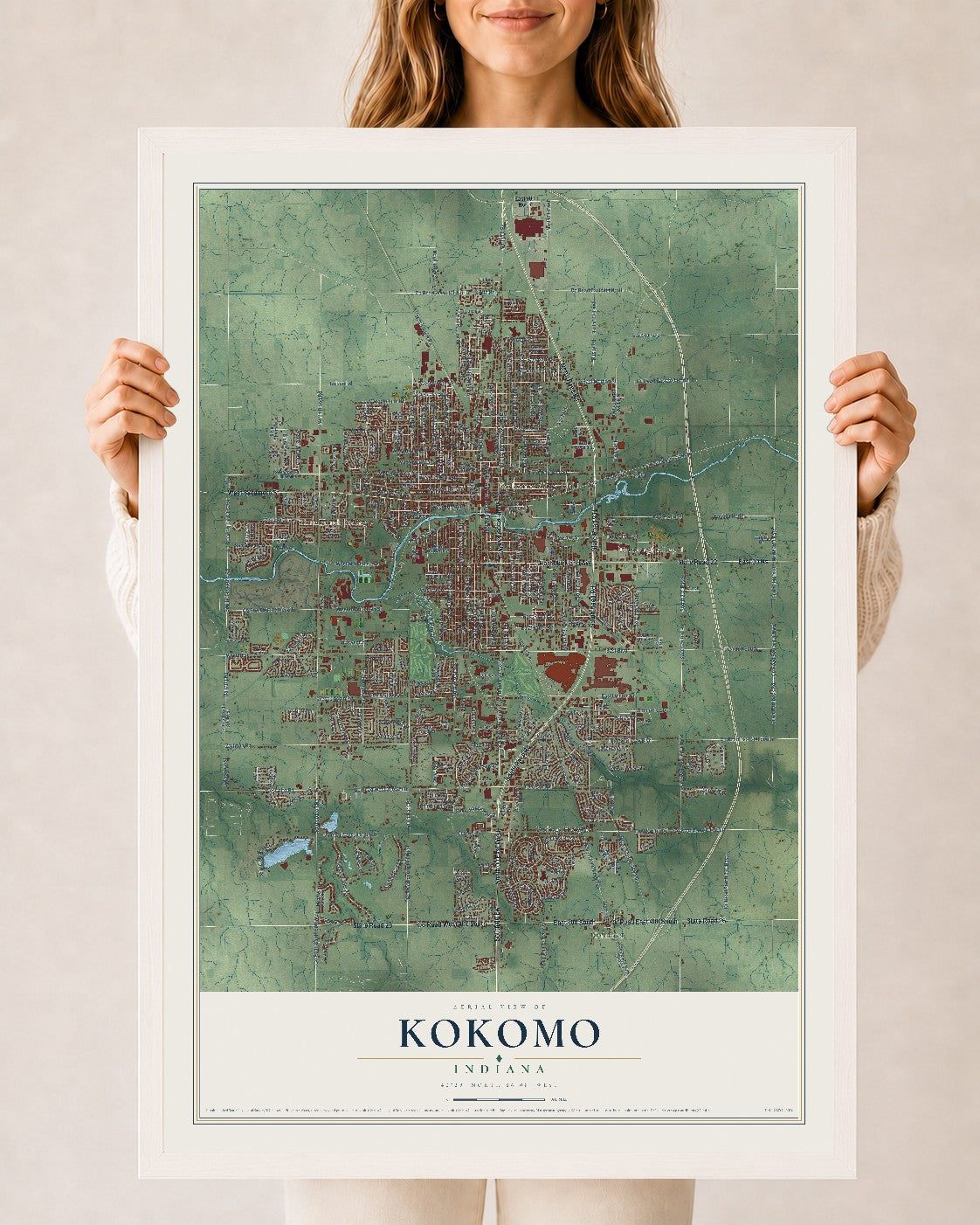 Map of Kokomo, Indiana, 24 x 36 inch print in a white wood frame