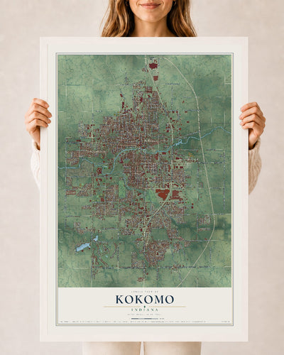 Map of Kokomo, Indiana, 24 x 36 inch print in a white wood frame