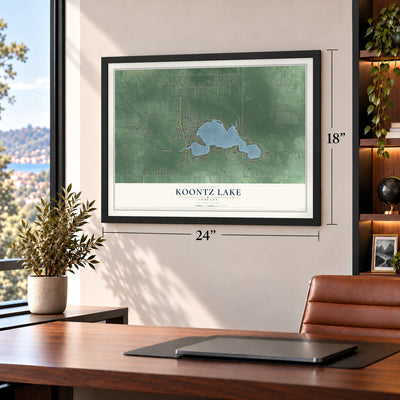 Koontz Lake, Indiana map, 18 x 24 inch print in a black frame in a home office