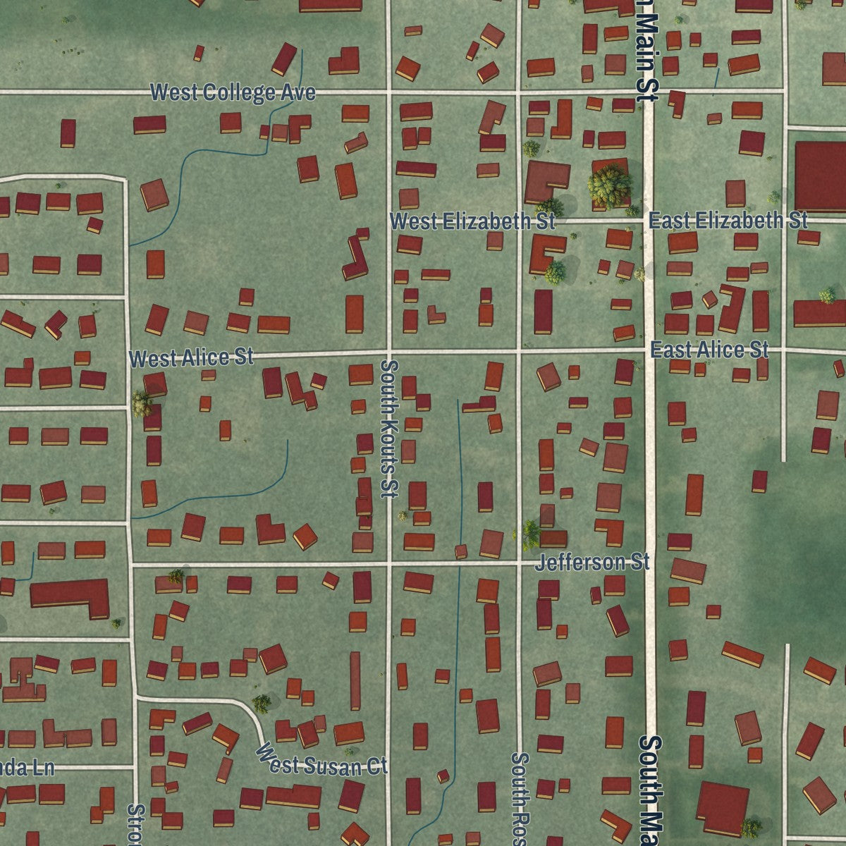 Close-up of the map of Kouts, Indiana print showing street and building detail