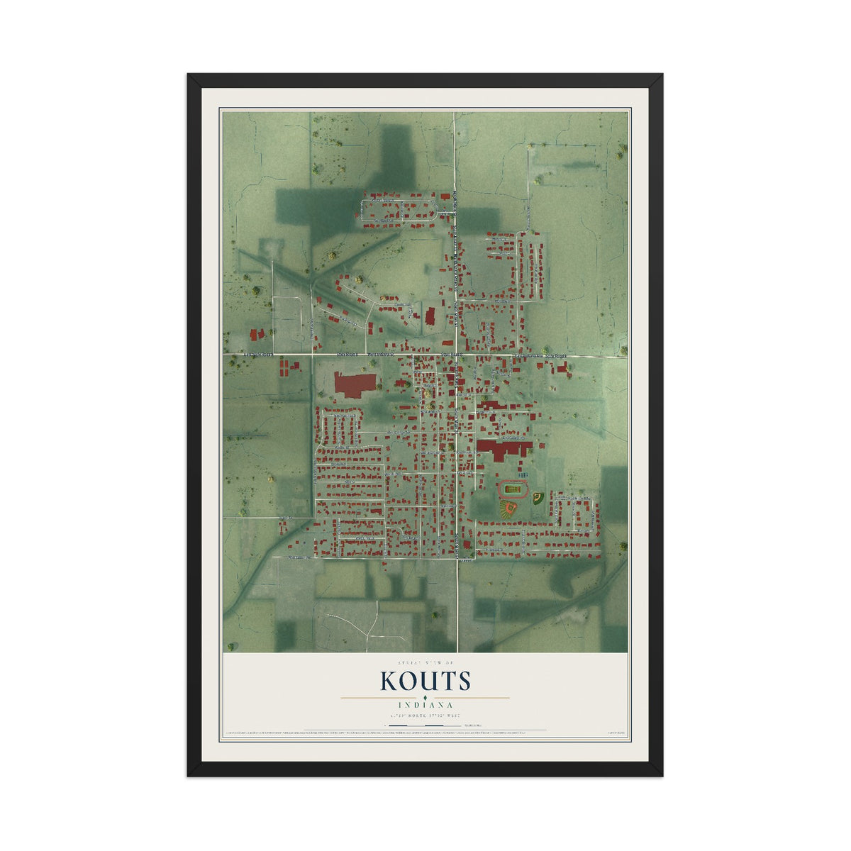 Map of Kouts, Indiana, 12 x 18 inch print in a black wood frame