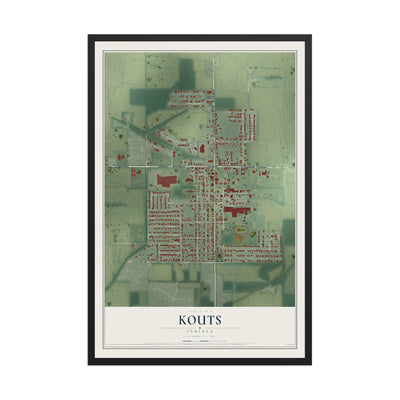 Map of Kouts, Indiana, 12 x 18 inch print in a black wood frame