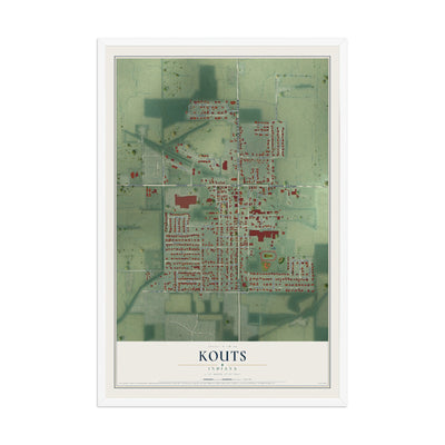 Map of Kouts, Indiana, 12 x 18 inch print in a white wood frame