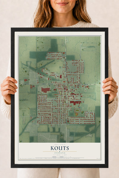 Map of Kouts, Indiana, 18 x 24 inch print in a black wood frame