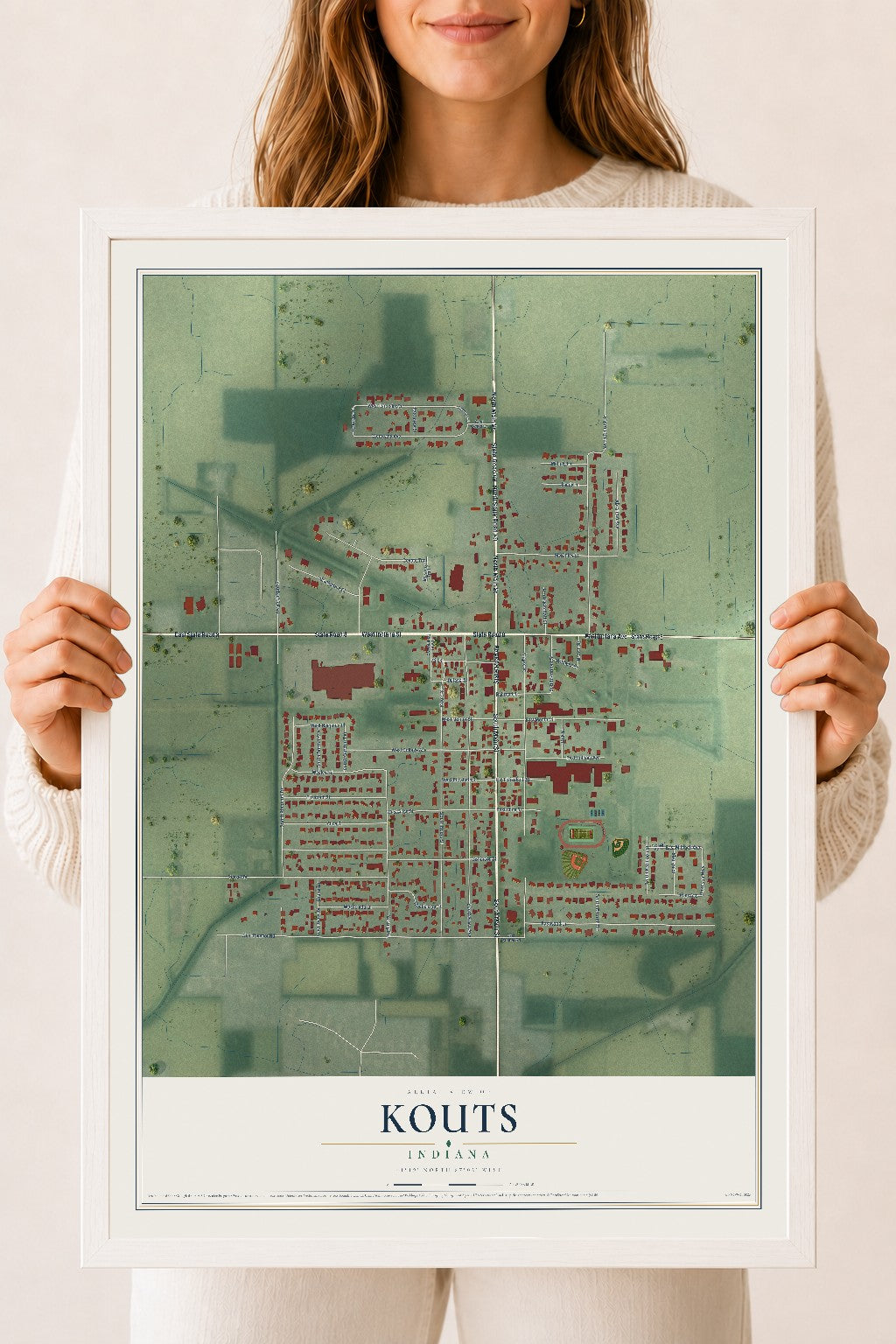 Map of Kouts, Indiana, 18 x 24 inch print in a white wood frame