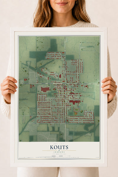 Map of Kouts, Indiana, 18 x 24 inch print in a white wood frame