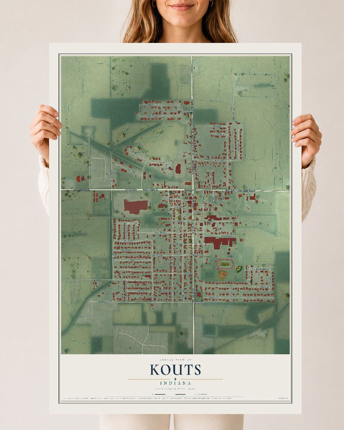 Map of Kouts, Indiana, 24 x 36 inch unframed archival matte print