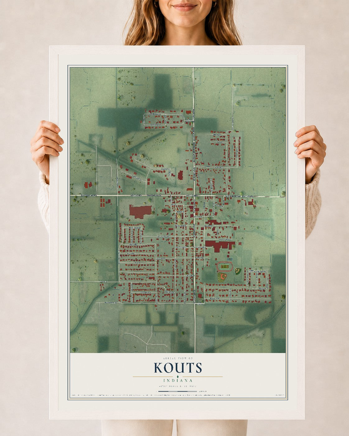 Map of Kouts, Indiana, 24 x 36 inch print in a white wood frame