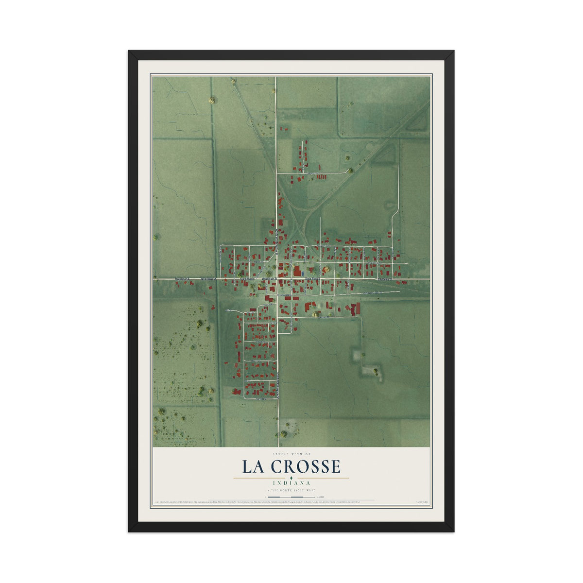 Map of La Crosse, Indiana, 12 x 18 inch print in a black wood frame