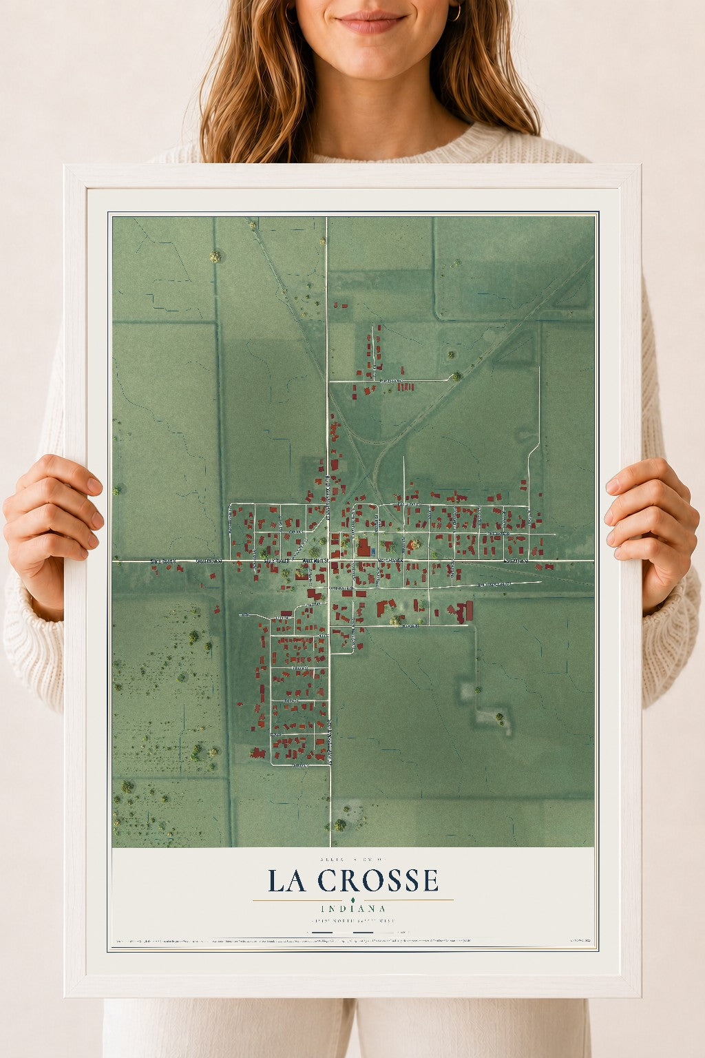 Map of La Crosse, Indiana, 18 x 24 inch print in a white wood frame