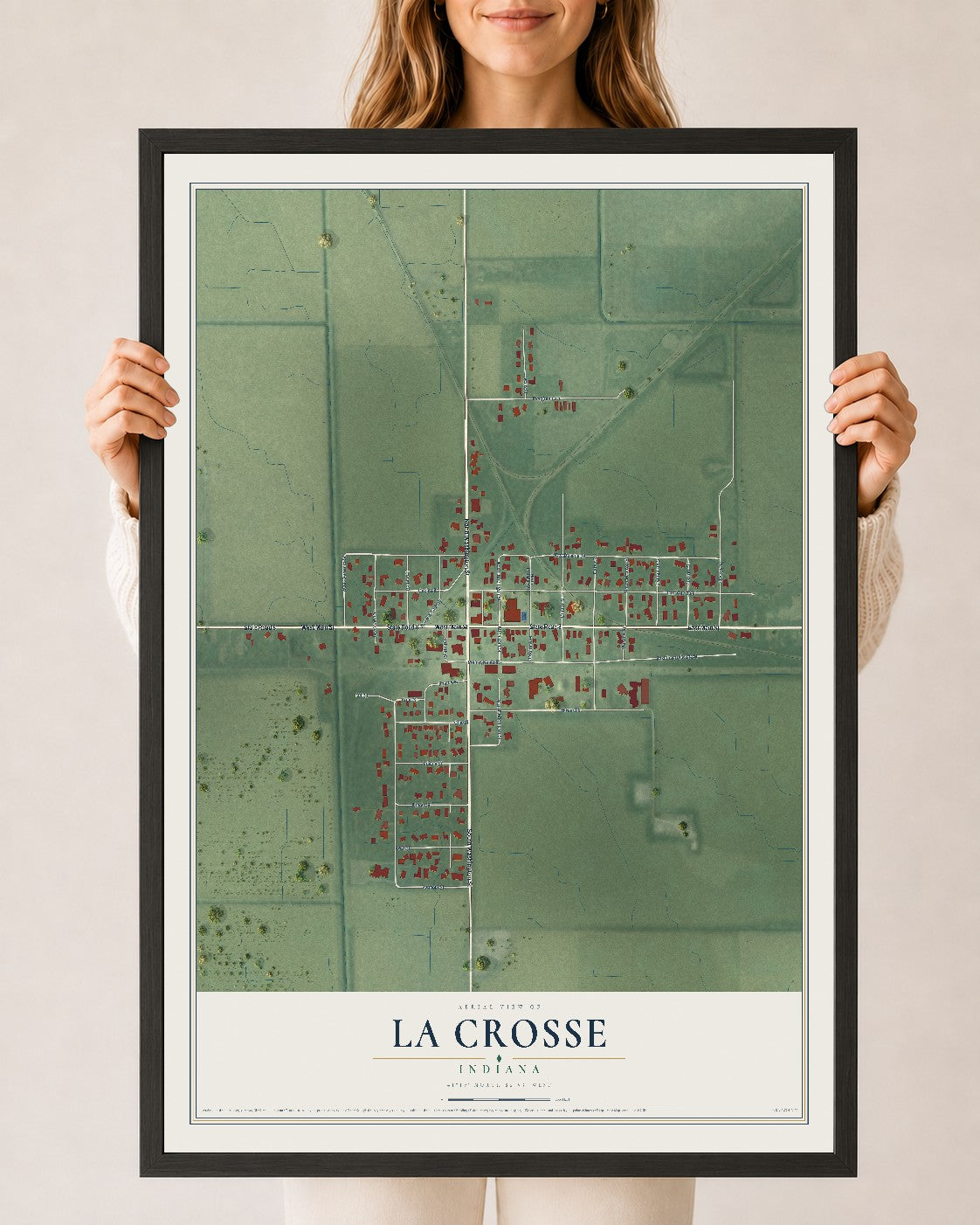 Map of La Crosse, Indiana, 24 x 36 inch print in a black wood frame