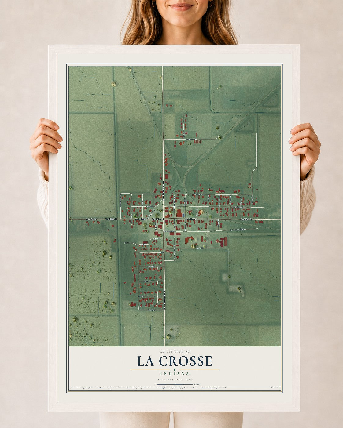 Map of La Crosse, Indiana, 24 x 36 inch print in a white wood frame