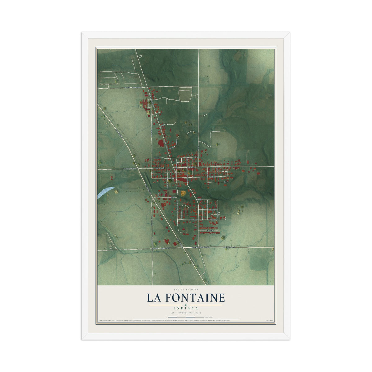 Map of La Fontaine, Indiana, 12 x 18 inch print in a white wood frame