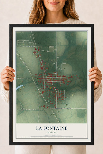 Map of La Fontaine, Indiana, 18 x 24 inch print in a black wood frame