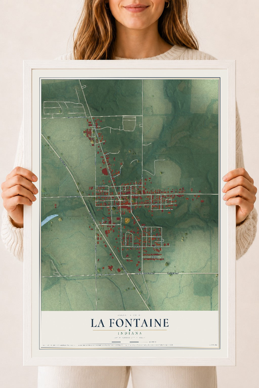 Map of La Fontaine, Indiana, 18 x 24 inch print in a white wood frame