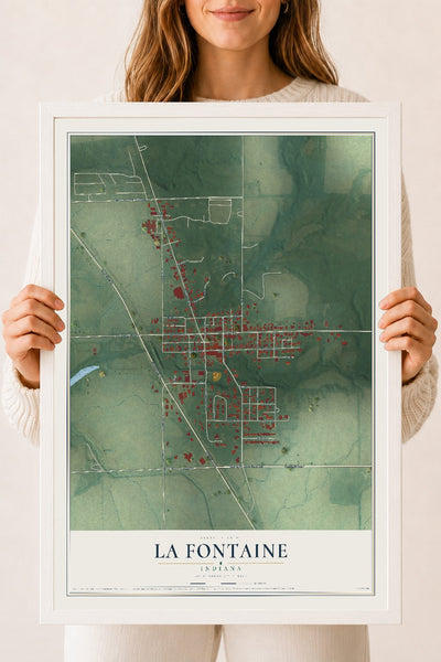 Map of La Fontaine, Indiana, 18 x 24 inch print in a white wood frame