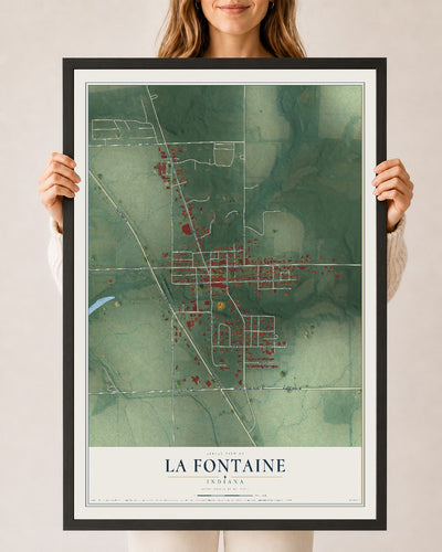 Map of La Fontaine, Indiana, 24 x 36 inch print in a black wood frame
