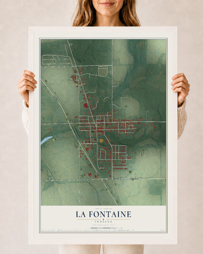Map of La Fontaine, Indiana, 24 x 36 inch print in a white wood frame