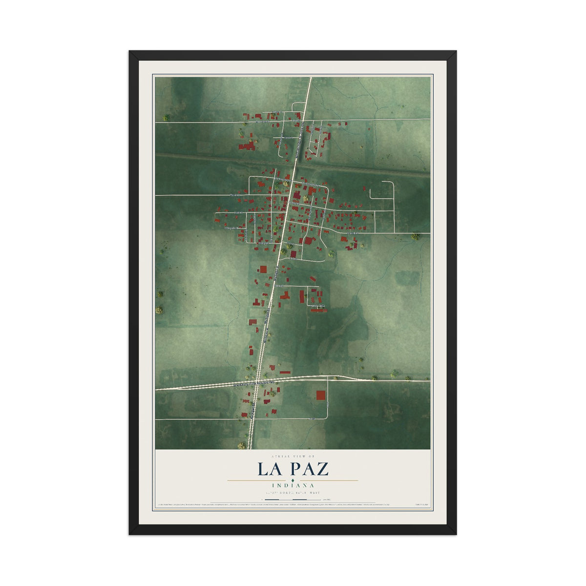 Map of La Paz, Indiana, 12 x 18 inch print in a black wood frame