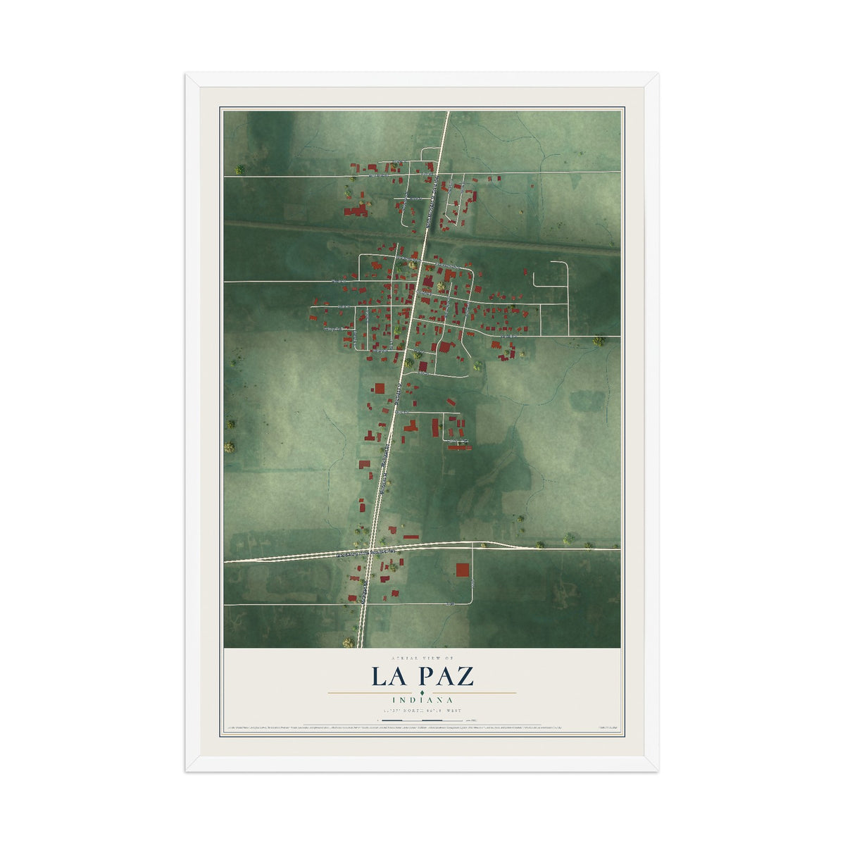 Map of La Paz, Indiana, 12 x 18 inch print in a white wood frame
