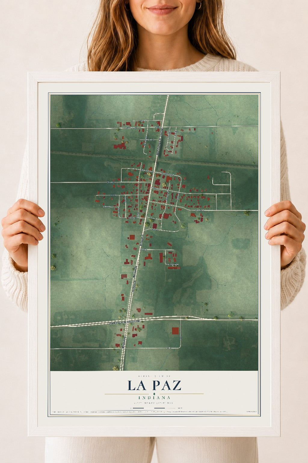 Map of La Paz, Indiana, 18 x 24 inch print in a white wood frame